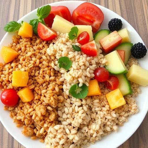 A colorful plate of whole grains, fruits, and vegetables, representing complex carbohydrates