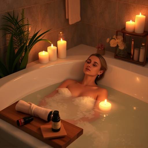 A woman enjoying a relaxing bath with candles and essential oils