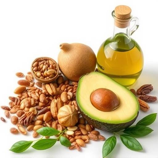 Assortment of healthy fat sources, including avocado, nuts, seeds, and olive oil