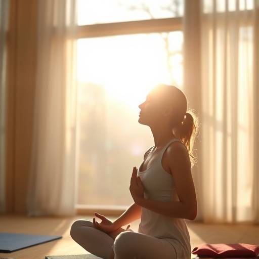 Person practicing deep breathing exercises in a calm and serene setting, with natural light streaming in
